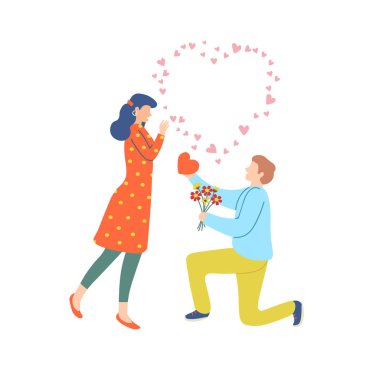 Sevgililer Günü. Adam bir kadına evlenme teklif ediyor. Çizgi film tarzında şirin vektör illüstrasyonu.