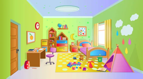 Acogedora Habitación Infantil Con Juguetes Ilustración Vectorial Estilo Dibujos Animados — Vector de stock