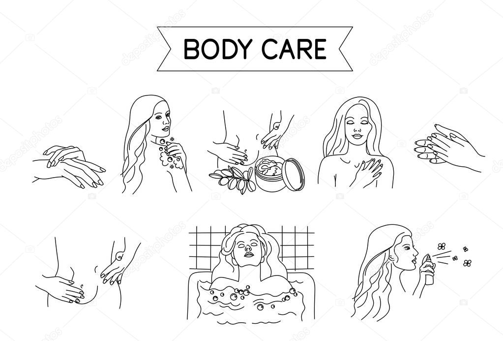 Body Care set for spa salon, eco cosmetics vector icons in sketch style.Girl washes in the shower, woman taking bath, hand care. Girl uses cream, scrub, oil. Line style. Isolated on white background.