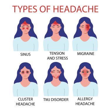 Baş ağrısı tipleri. ALLERJY, TMJ Temporomandibular eklem ağrısı, küme baş ağrısı, MIGRAINE, sinüs, gerilim ve stres. Vektör illüstrasyonu.