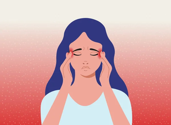 Huvudvärk Kvinnan Med Huvudvärk Migrän Tecknad Vektor Illustration — Stock vektor