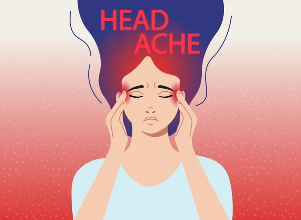 頭痛だ 頭痛片頭痛の女性が手を頭に押してる 漫画ベクトルイラスト — ストックベクタ