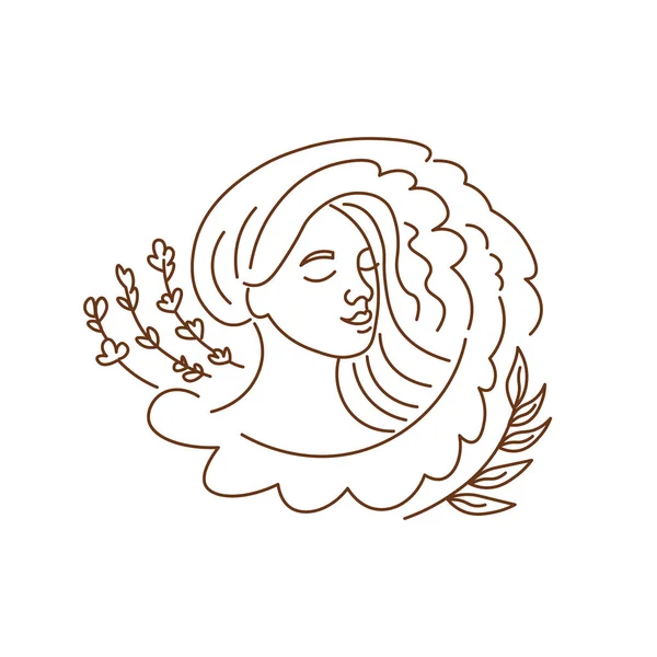 Woman Face Fuzz Hair Combed Side Emblem Logo Organic Natural — Stock Vector