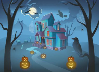 Haunted House with pumpkins, a witch on a broomstick, spiders, a crow and a ghost. Cartoon style vector illustration.