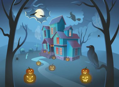 Haunted House with pumpkins, a witch on a broomstick, spiders, a crow and a ghost. Cartoon style vector illustration. clipart