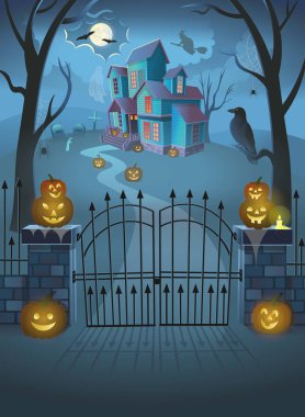  Haunted House with gate, pumpkins, a witch on a broomstick, spiders, a crow and a ghost. Cartoon style vector illustration.