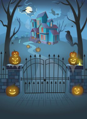  Haunted House with gate, pumpkins, a witch on a broomstick, spiders, a crow and a ghost. Cartoon style vector illustration. clipart