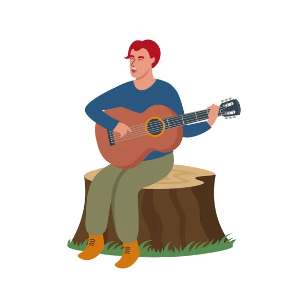 Uomo Canta Suona Chitarra Una Foresta Illustrazione Vettoriale Piatta Stile — Vettoriale Stock