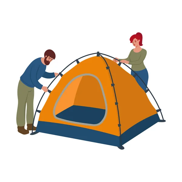 Mann Und Frau Bauen Gemeinsam Ein Zelt Auf Vektorillustration Flachen — Stockvektor