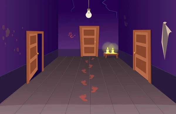 Interior Casa Assustadora Com Portas Pegadas Sangrentas Velas Halloween Ilustração — Vetor de Stock