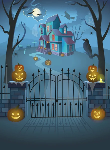 Haunted House Gate Pumpkins Witch Broomstick Spiders Crow Ghost Cartoon — Stock vektor