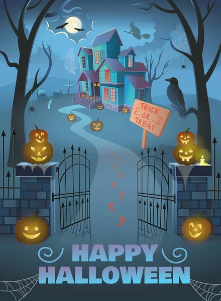 Счастливого Хэллоуина Постера Дом Привидениями Воротами Тыквами Ведьмой Метле Пауками — стоковый вектор