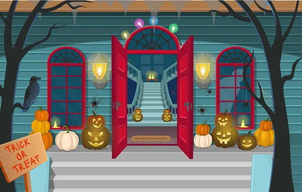 Maison Effrayante Avec Escaliers Fantômes Portes Citrouilles Illustration Vectorielle Artoon — Image vectorielle
