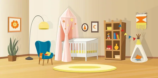 Acogedor Interior Para Niños Con Juguetes Cuna Estantería Sillón Tienda — Archivo Imágenes Vectoriales