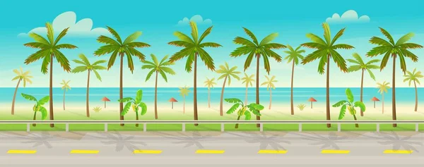 热带岛屿上的道路 有棕榈树 热带岛屿的矢量图解 卡通画风格 游戏和移动应用的背景 — 图库矢量图片