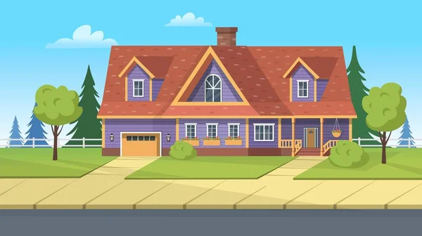 立面建筑 郊区的房子 有车库和绿色草坪 游戏或动画的矢量卡通画 分层背景 — 图库矢量图片