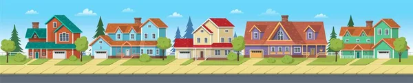 Paisaje Urbano Con Casas Suburbanas Cabañas Villas Ilustración Dibujos Animados — Vector de stock