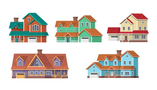 Set Suburban Houses Cottages Villas Vector Cartoon Illustration Games Animation — 스톡 벡터