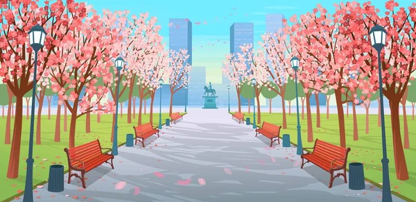 Panorama Road Spring Park Benches Blossom Trees Lanterns Monument Vector — ストックベクタ