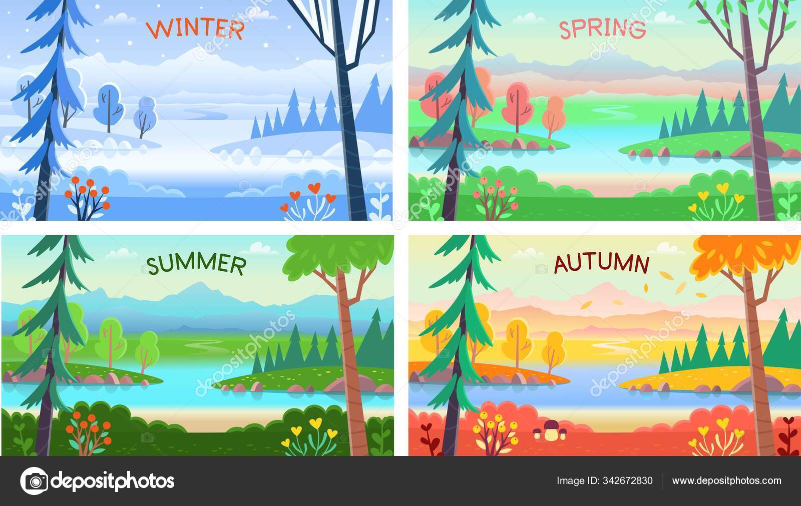 Landscape Four Seasons Winter Spring Summer Autumn Forest Landscape Trees  Stock Vector by ©Yucalora 342672830, image size:1600x1011