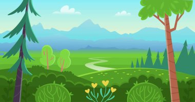 Forest landscape with trees, bushes, flowers, road. Flat vector illustration.