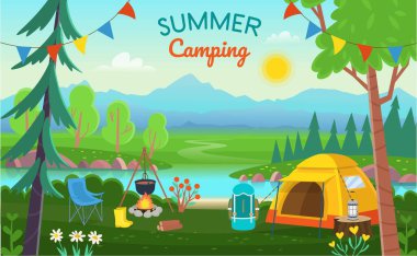 Summer Camping. Forest landscape with trees, bushes, flowers, road, a lake, tents, a bonfire, a backpack. Concept camping and summer traveling.