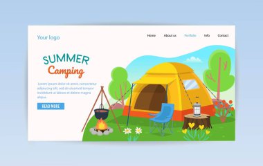  Landing page template. Summer Camping. Forest landscape with trees, bushes, flowers, road, a lake, tents, a bonfire, a backpack. Concept camping and summer traveling.