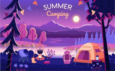  Summer Camping at night. Forest landscape with trees, bushes, flowers, road, a lake, tents, a bonfire, a backpack. Concept camping and summer traveling.