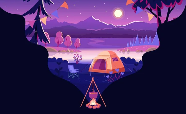 Camping Verano Por Noche Paisaje Forestal Con Árboles Arbustos Flores — Vector de stock