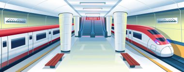 The fastest train in railway underground station. Vector metro interior with trains, escalators,  benches and lines map. Vector cartoon illustration.