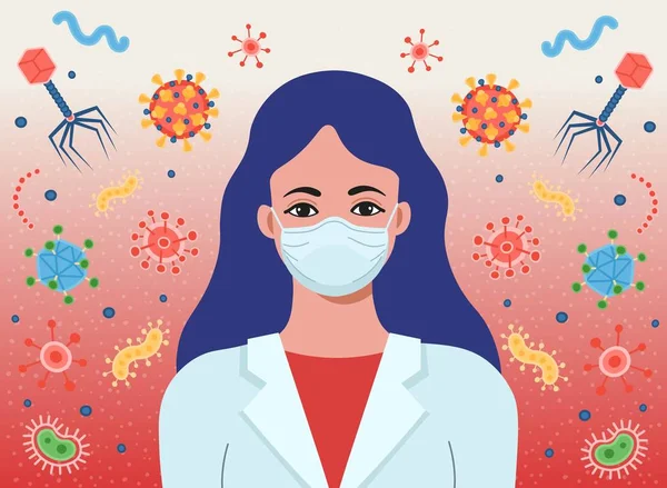 医療マスクをした女性 感染菌やパンデミックウイルスの背景 コロナウイルス2020 ベクターイラスト — ストックベクタ