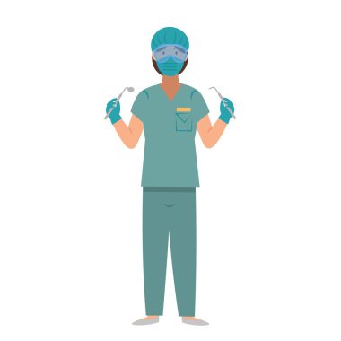  Ayna aletli çizgi film dişçisi, çocuklar için karakter. Düz vektör illüstrasyonu