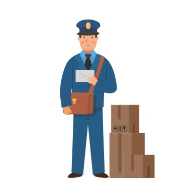  Mektupları ve kutuları olan çizgi film postacısı, çocuk karakteri. Düz vektör illüstrasyonu