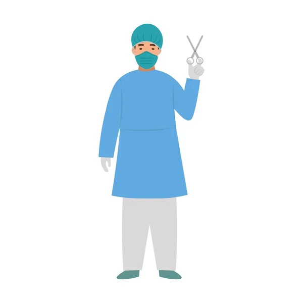 Cartoon Masked Surgeon Scissors Character Children Flat Vector Illustration — Stock Vector
