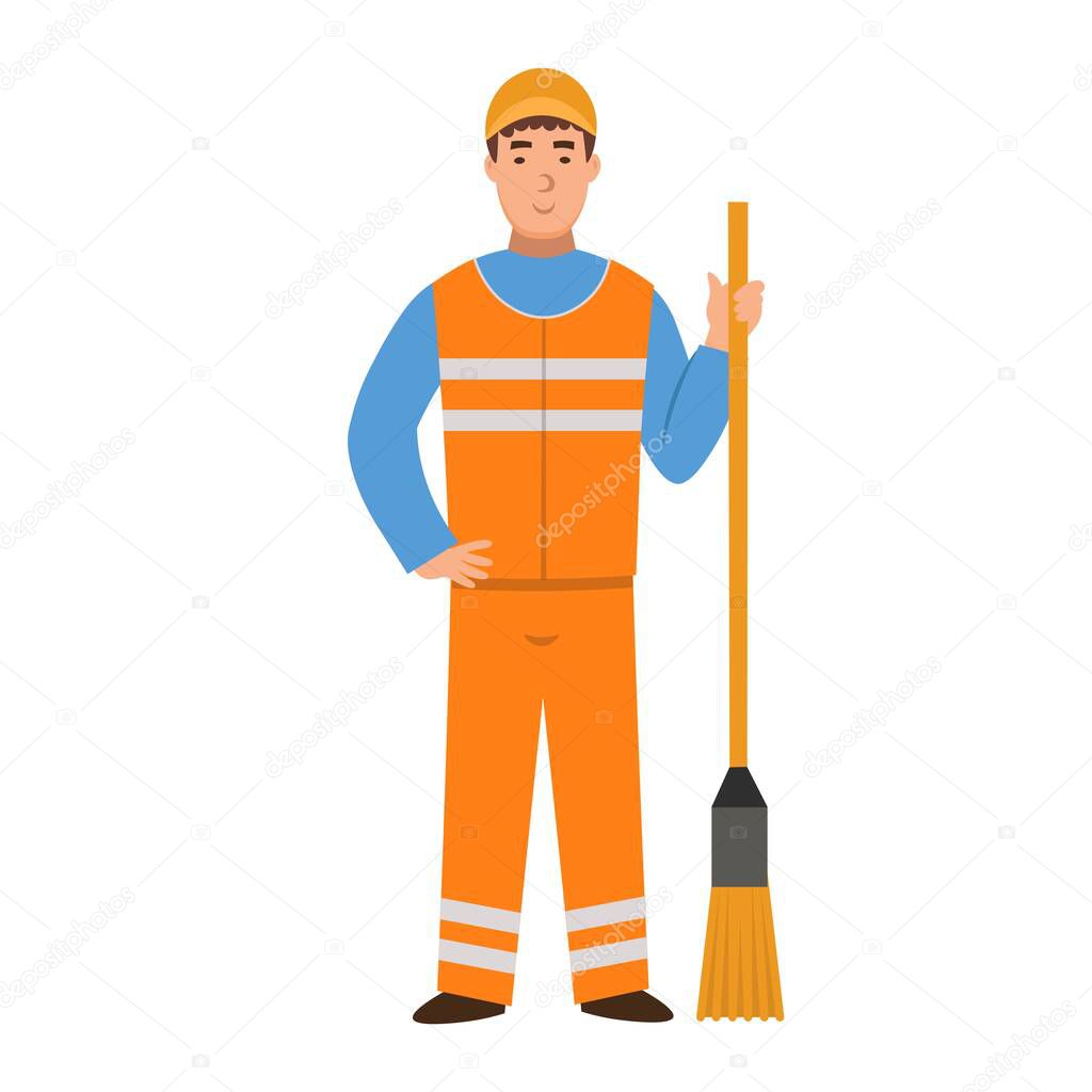  Cartoon janitor with a broom, character for children. Flat vector illustration