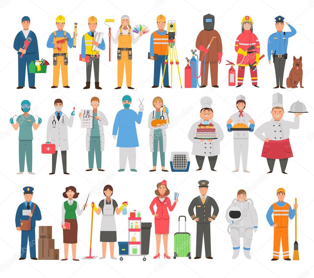 Big set of professions in cartoon flat style for children.Plumber,carpenter,engineer,painter,colorist,surveyor,welder,firefighter,policeman,dentist,doctor,ophthalmologist,optometrist,surgeon