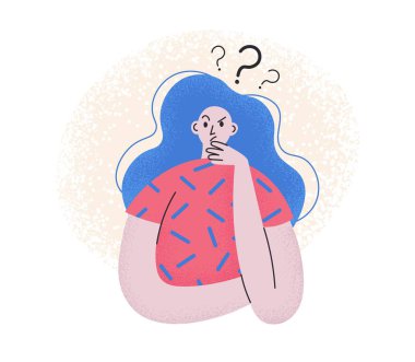  Kadın soru işaretiyle düşünüyor. Düz çizgi film vektör çizimi.