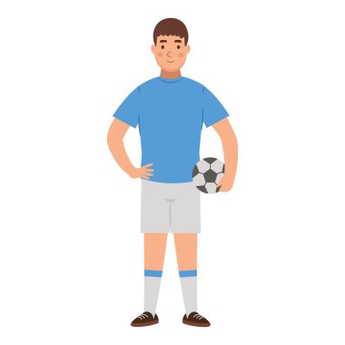  Elinde top olan çizgi film futbolcusu, çocuk karakteri. Düz vektör illüstrasyonu