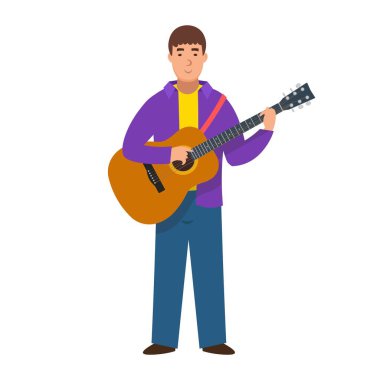  Gitarlı çizgi film müzisyeni, çocuk karakteri. Düz vektör illüstrasyonu
