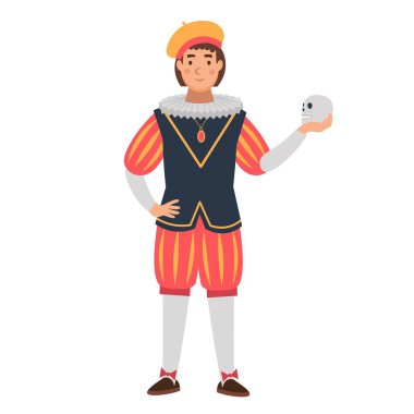  Klasik takım elbiseli, elinde kafatası, çocuk karakteri olan bir çizgi film oyuncusu. Düz vektör illüstrasyonu