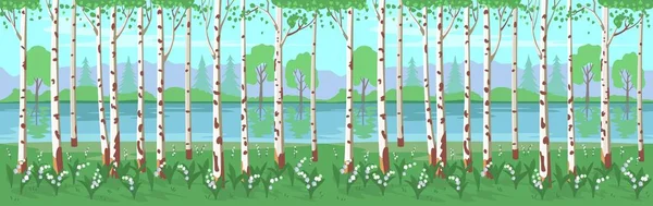 Bosque Abedul Con Lirios Del Valle Río Fondo Vectorial — Vector de stock