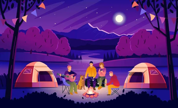 Summer Camping Night Forest Landscape Tourists Campfire Tourists Playing Guitar — Stock Vector