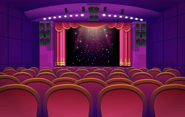 A theater stage with a red open curtain and and red seats. Vector template illustration