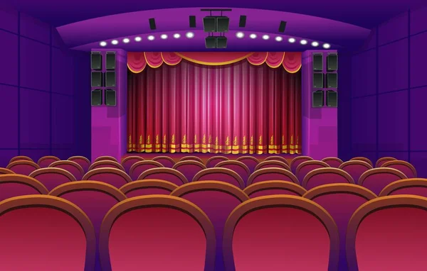 Eine Theaterbühne Mit Rotem Vorhang Und Roten Stühlen Vektorschablone — Stockvektor