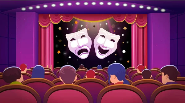 Kırmızı Açık Perdeli Bir Tiyatro Sahnesi Kırmızı Koltuklu Insanlar Komedi — Stok Vektör