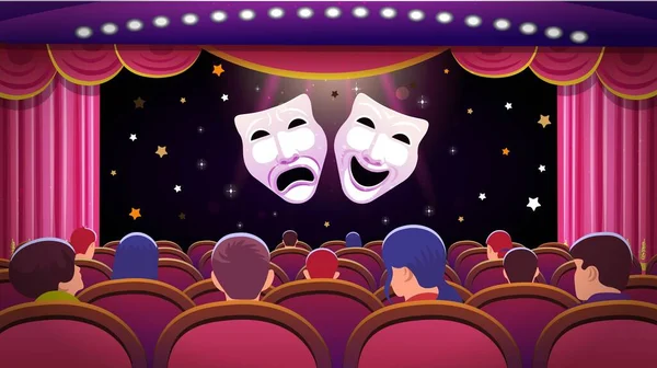 Kırmızı Açık Perdeli Bir Tiyatro Sahnesi Kırmızı Koltuklu Insanlar Komedi — Stok Vektör