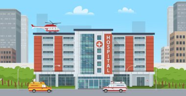  Ambulans arabaları ve çatıda helikopterleri olan büyük bir hastane. Hastaneli Panorama City. Düz stil vektör illüstrasyonu. Oyunlar ve mobil uygulamalar için arkaplan.