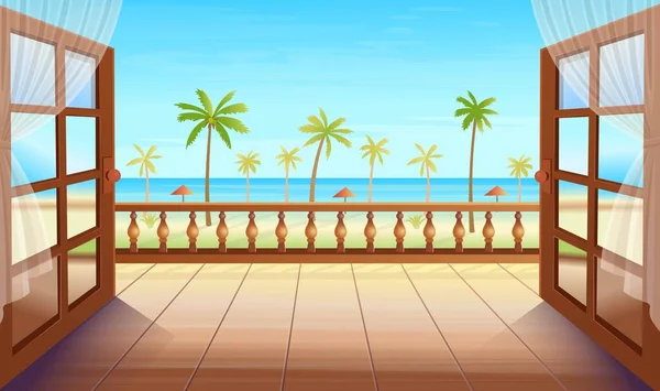 全景热带岛屿 有敞开的大门 棕榈树 大海和海滩 到有热带岛屿景观的平台上去 卡通风格的矢量图解 — 图库矢量图片