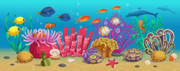 Grande Conjunto Recifes Coral Com Algas Peixes Tropicais Corais Ilustração — Vetor de Stock