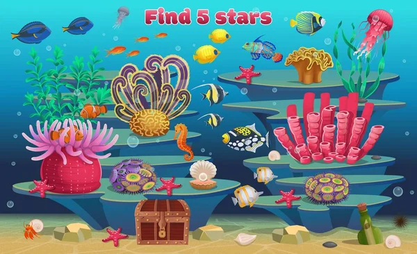子供のためのミニゲーム 5つ星を見つける 藻類熱帯魚や海洋動物とサンゴ礁の背景 漫画風のベクトルイラスト — ストックベクタ